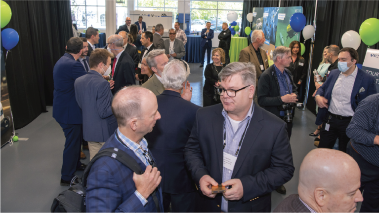 Crowd socializing inside the factory