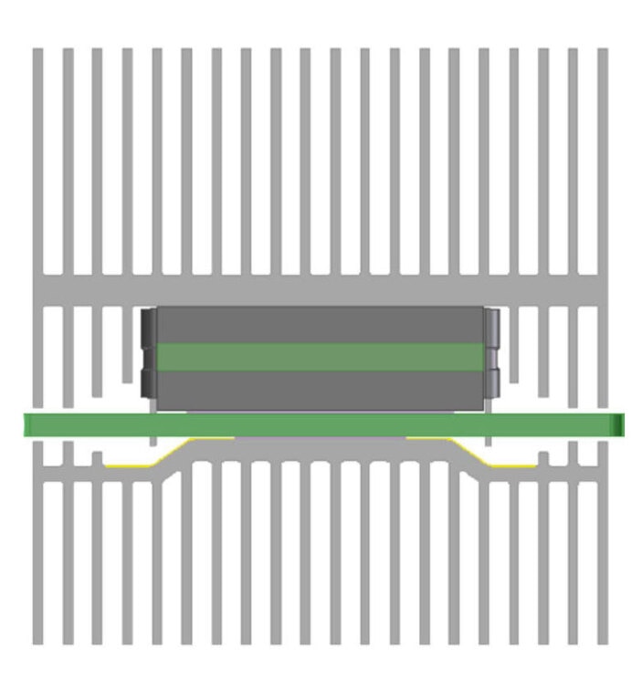 Cross-section of heatsink enabling top- and bottom-side cooling